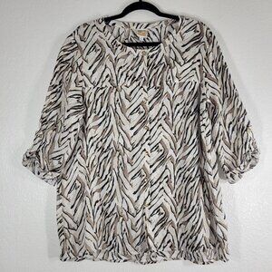 JM Collection Zebra Linen Blouse Top Women Size 10 Animal Print Travel Safari